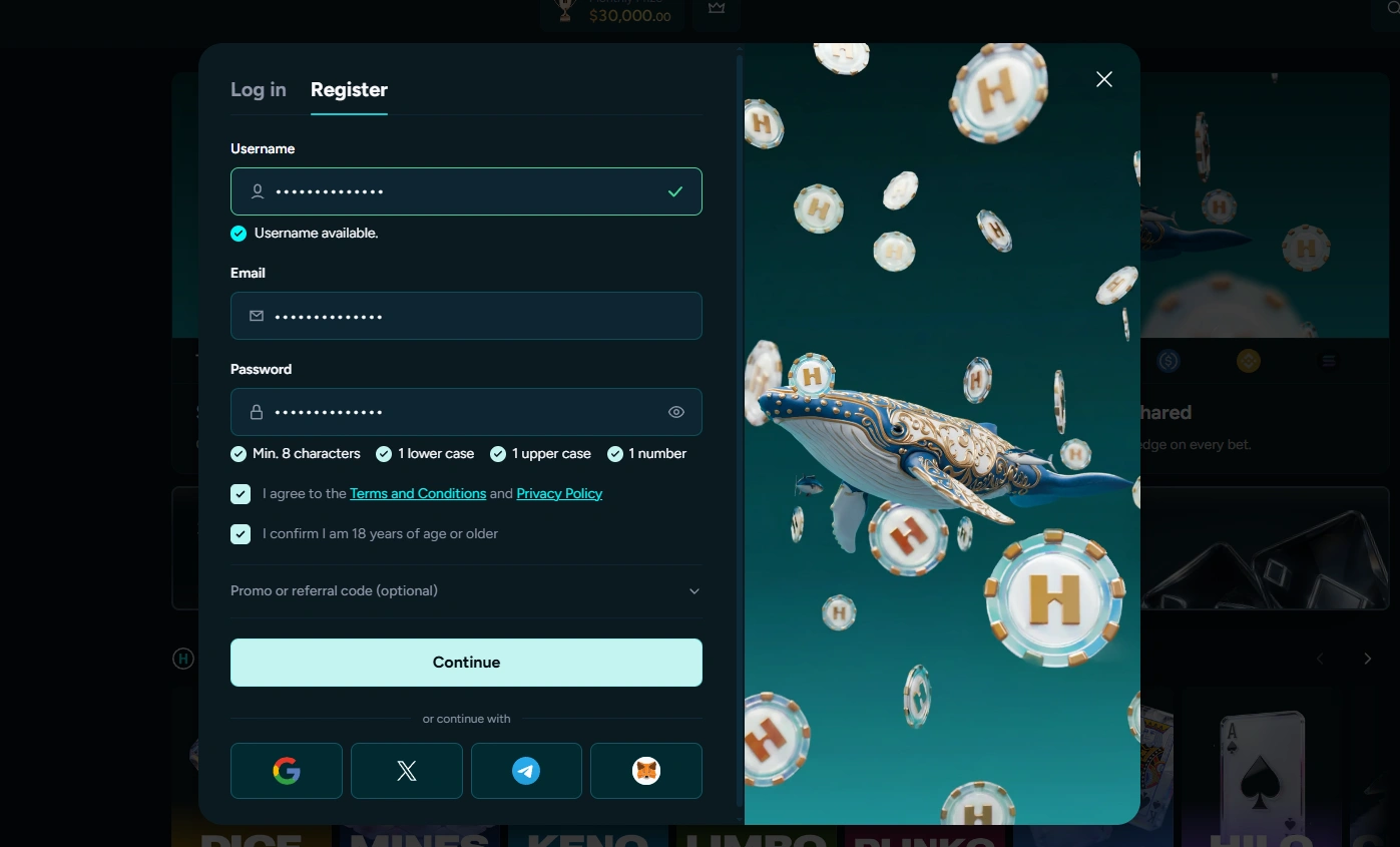Registration form with username, email, password fields and required consent checkboxes