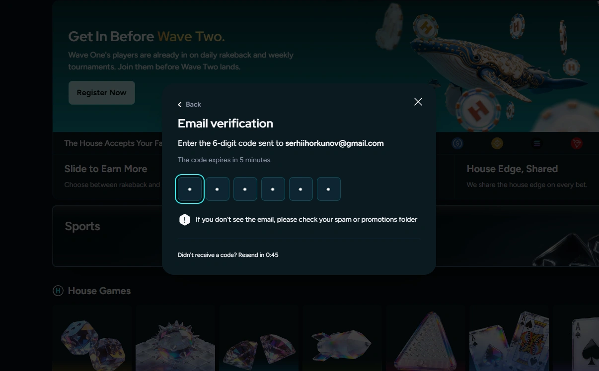 Email verification screen with six-digit code entry boxes and resend option