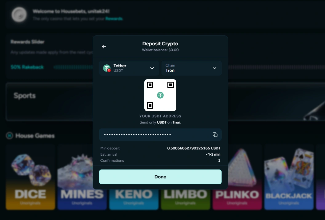 Crypto deposit modal showing USDT on Tron QR code and deposit address
